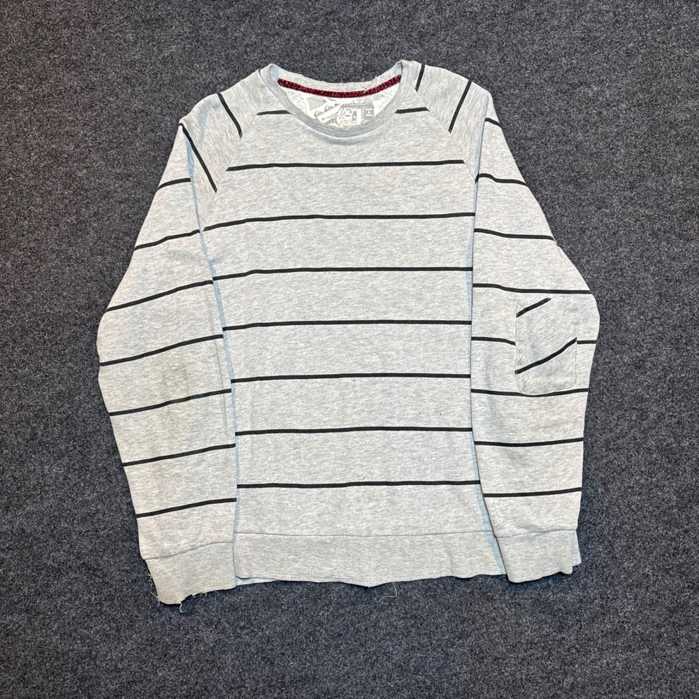 Quiksilver Mens XL Slim Fit Striped Raglan Sweatshirt Gray Black Long Sleeve